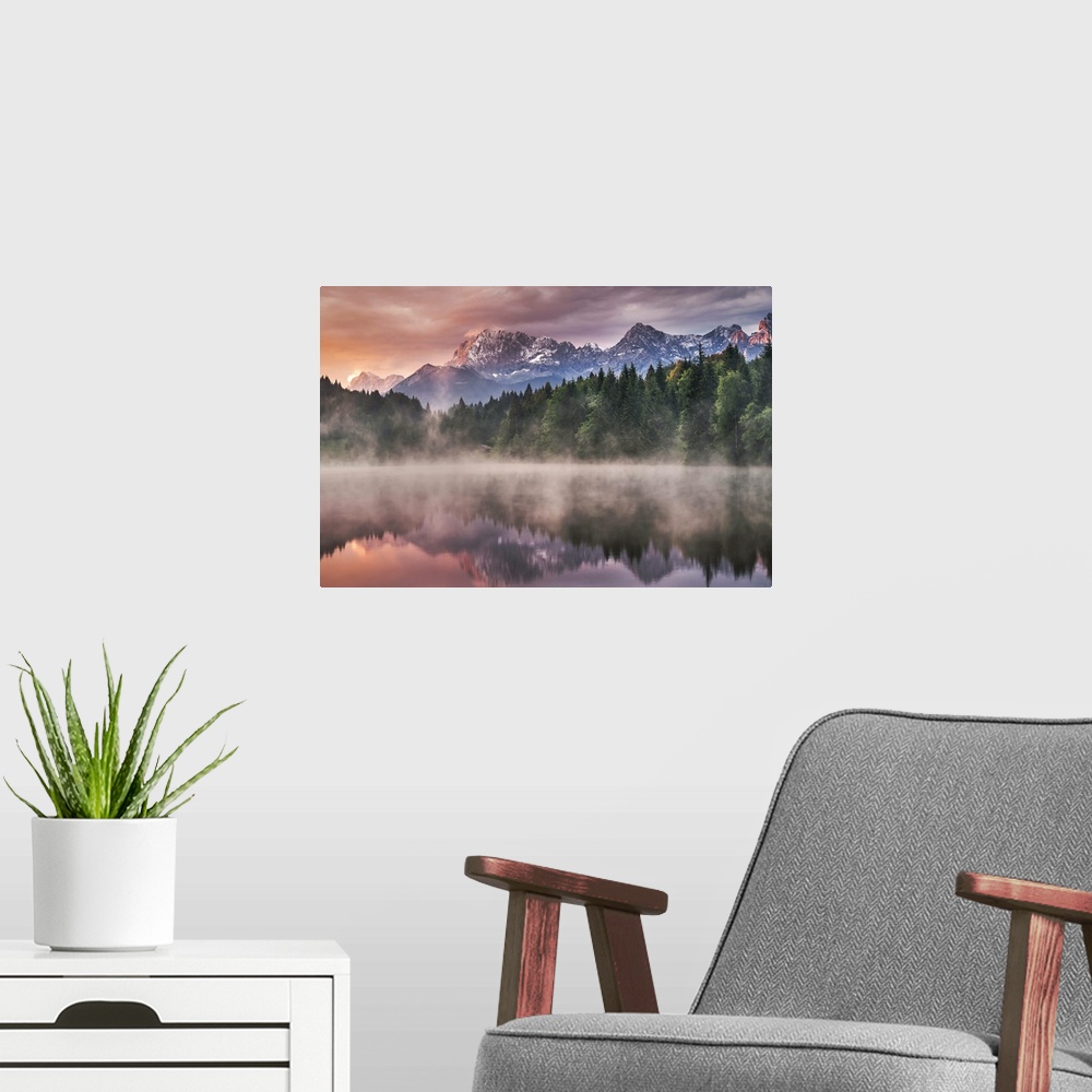A modern room featuring Sunrise at the Lake
