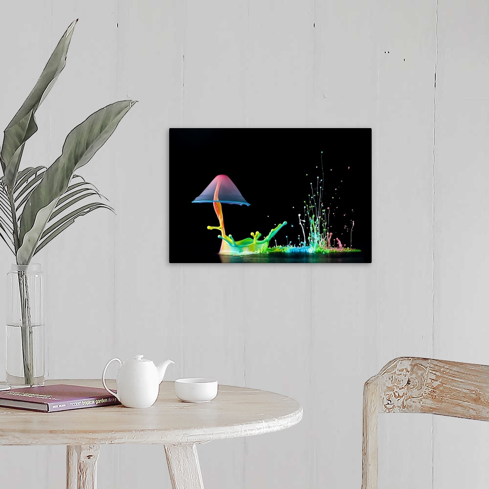 A farmhouse room featuring A macro photograph of a colorful tiny splash of water resembling a mushroom.