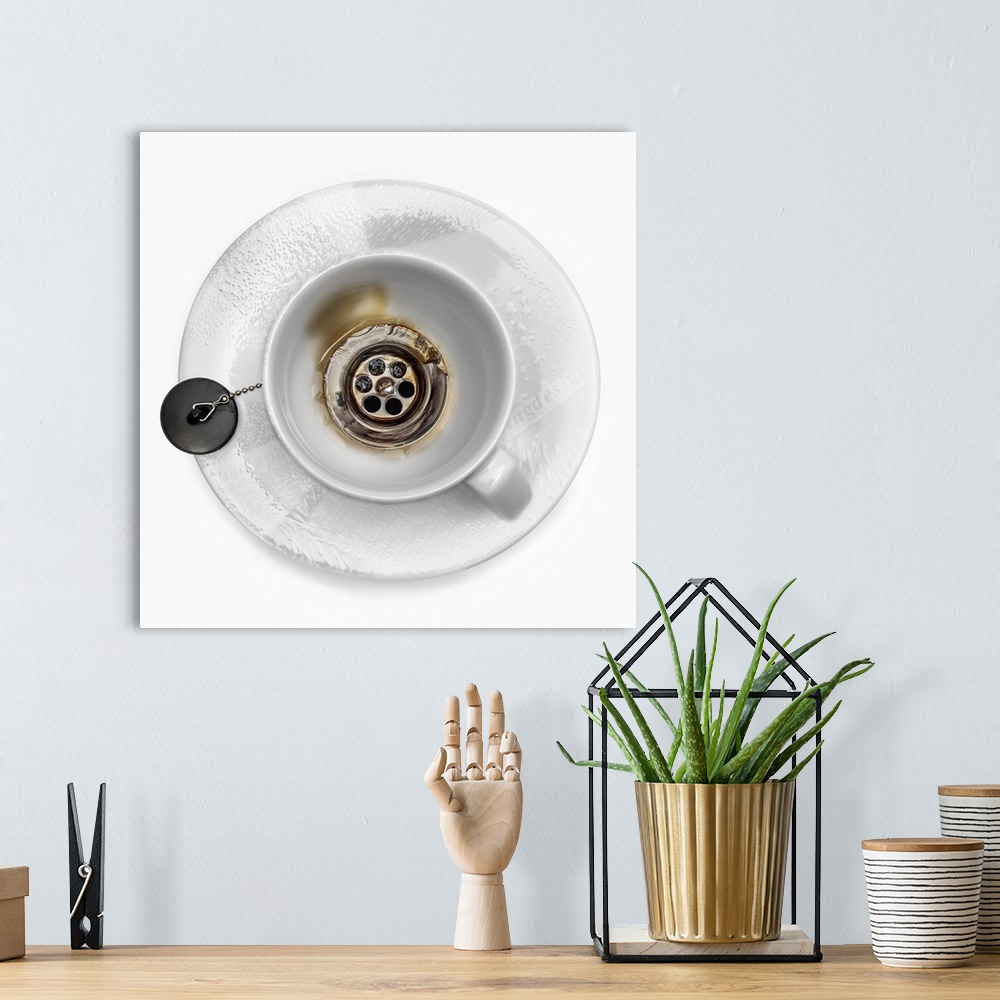 A bohemian room featuring Conceptual image of a coffee mug with a drain at the bottom.