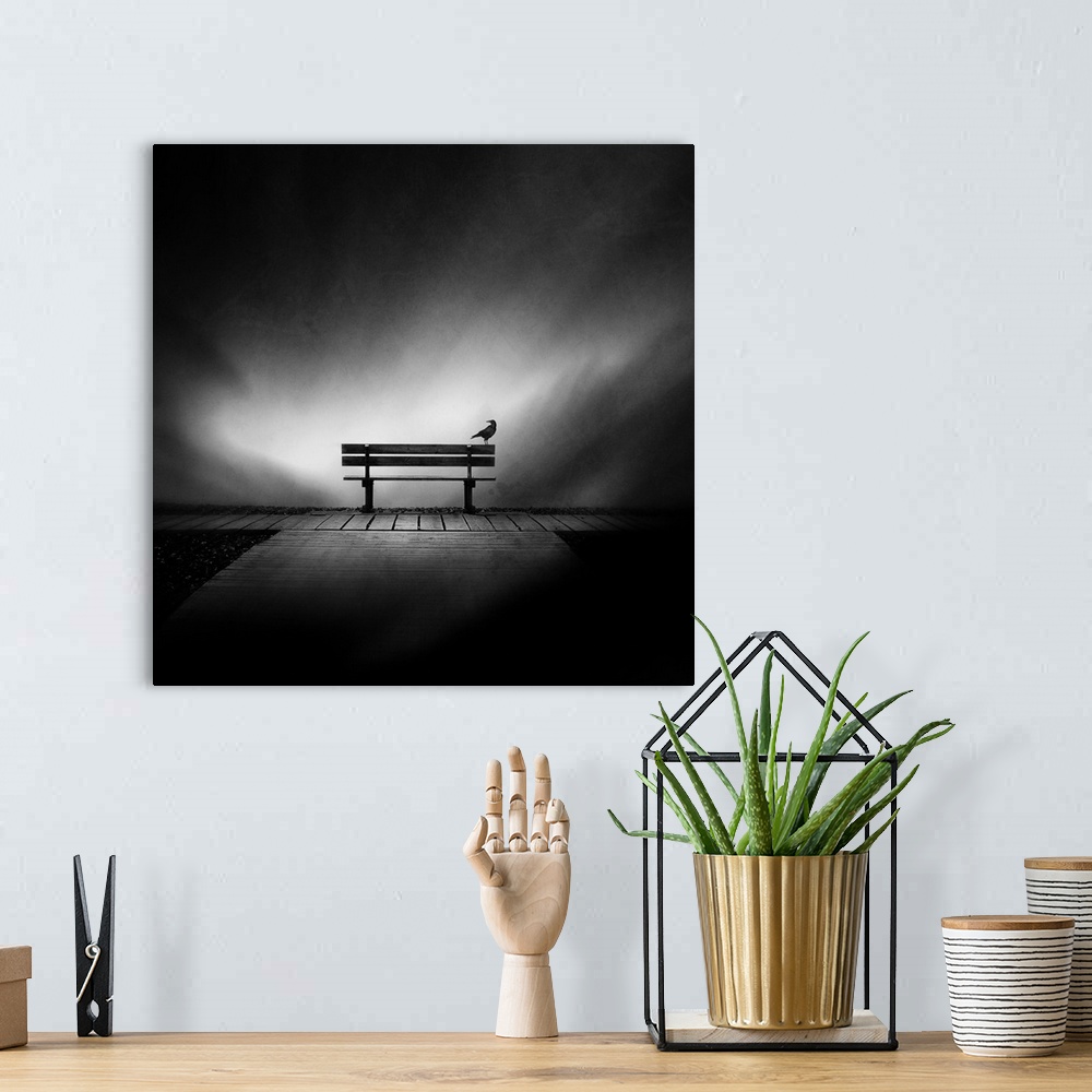 A bohemian room featuring Conceptual image of a crow perched on a bench, symbolizing the passage of time while we all head ...
