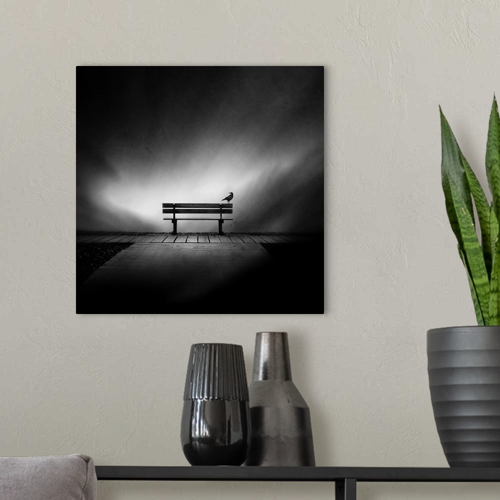 A modern room featuring Conceptual image of a crow perched on a bench, symbolizing the passage of time while we all head ...