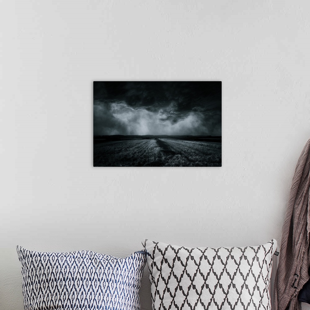 A bohemian room featuring An ethereal field in the countryside under a blanket of menacing clouds.