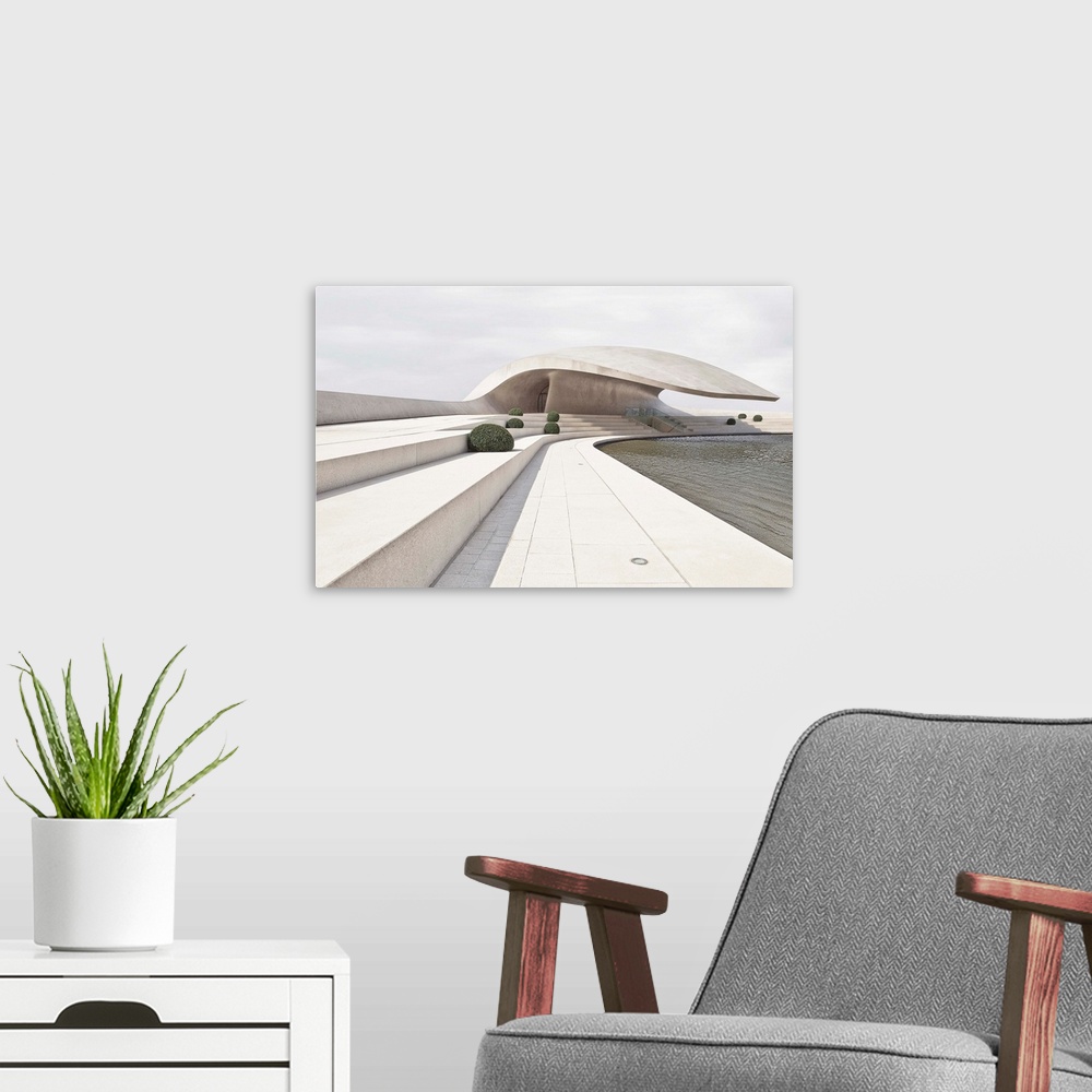 A modern room featuring A photograph of abstract architecture in Germany.