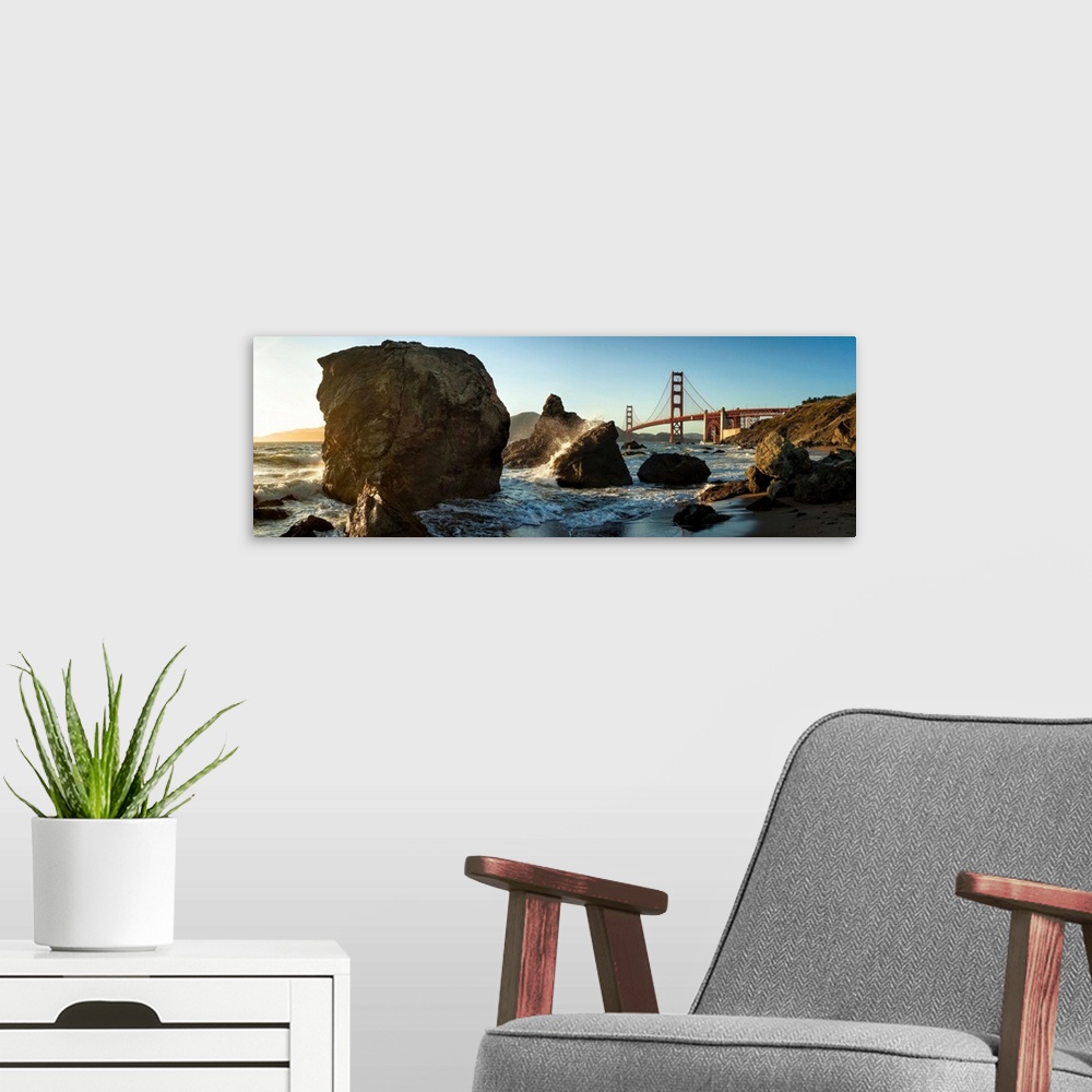 A modern room featuring A rocky coastline view of the Golden Gate Bridge in San Francisco, California.