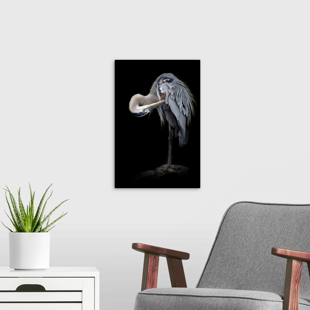 A modern room featuring The Great Blue Heron