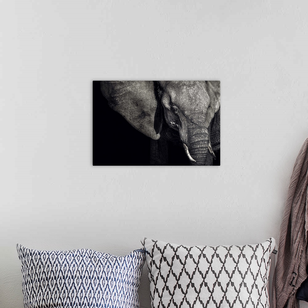 A bohemian room featuring A strong presence is commanded in the portrait of this Matriarch of an elephant family.