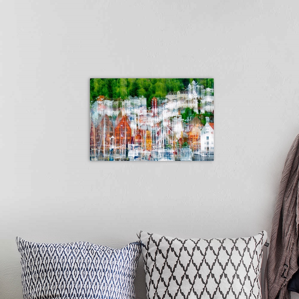 A bohemian room featuring Ships in the harbor of Bergen, Norway, with an abstract blur effect.