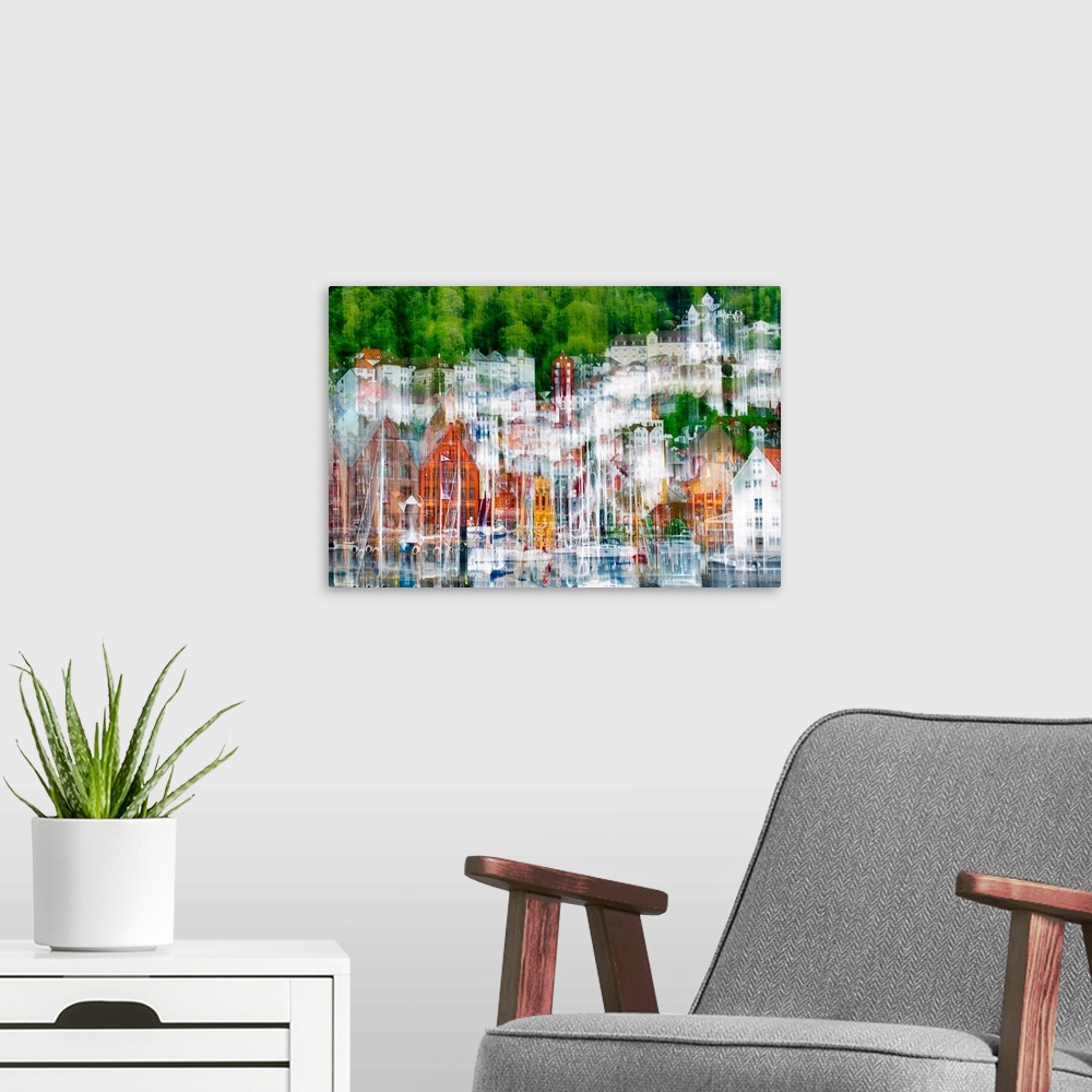 A modern room featuring Ships in the harbor of Bergen, Norway, with an abstract blur effect.