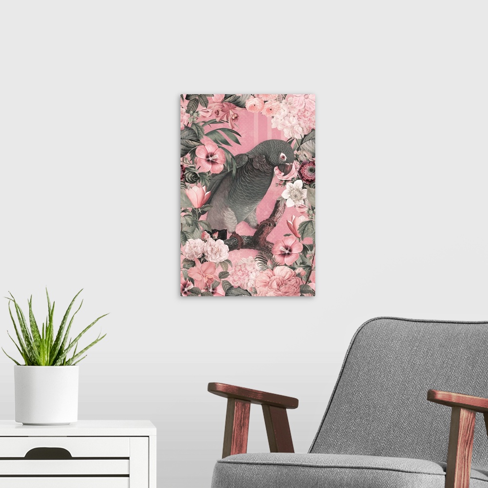 A modern room featuring The Parrots Paradise Garden 3 Pastel Pink