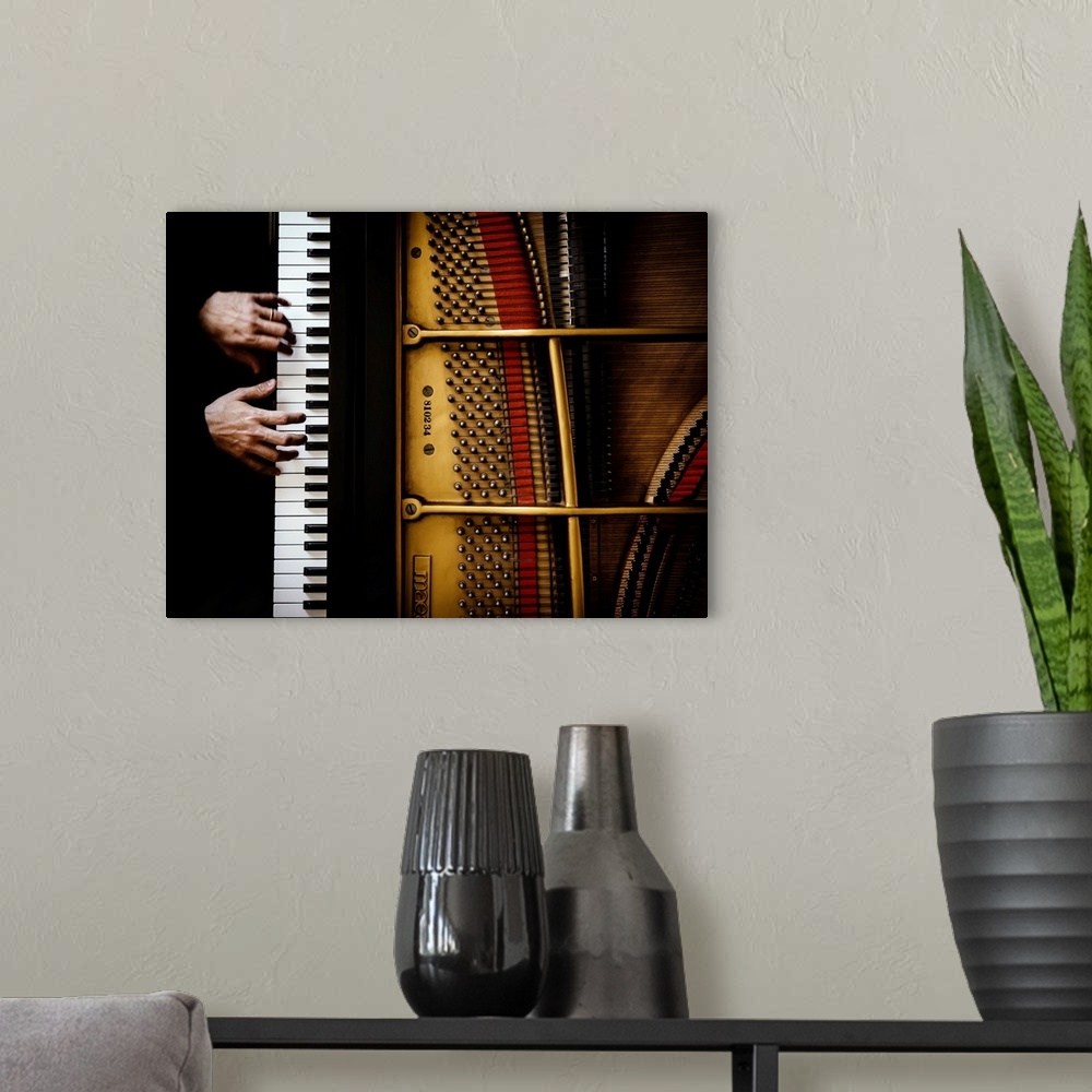 A modern room featuring The Pianist