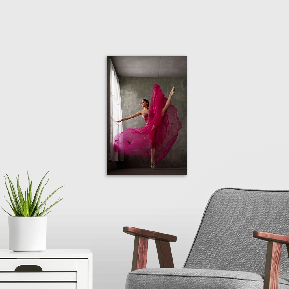 A modern room featuring The Pose Of Red Gown Ballerina
