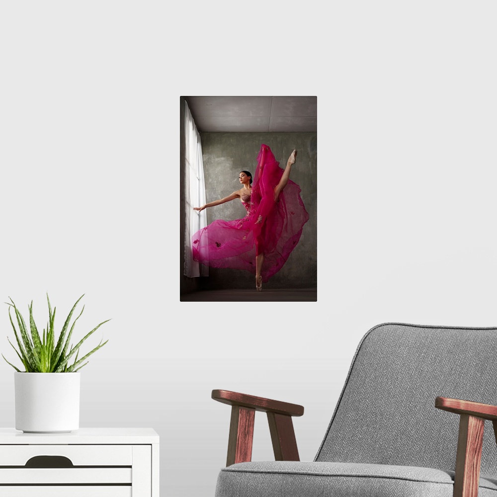 A modern room featuring The Pose Of Red Gown Ballerina