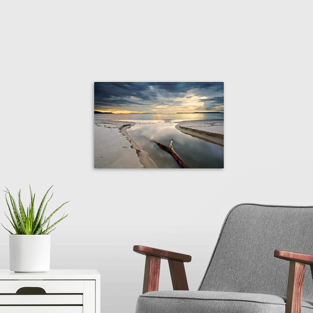 A modern room featuring Fine art photo of a sandy beach wit h driftwood and a cloudy sky in the morning.