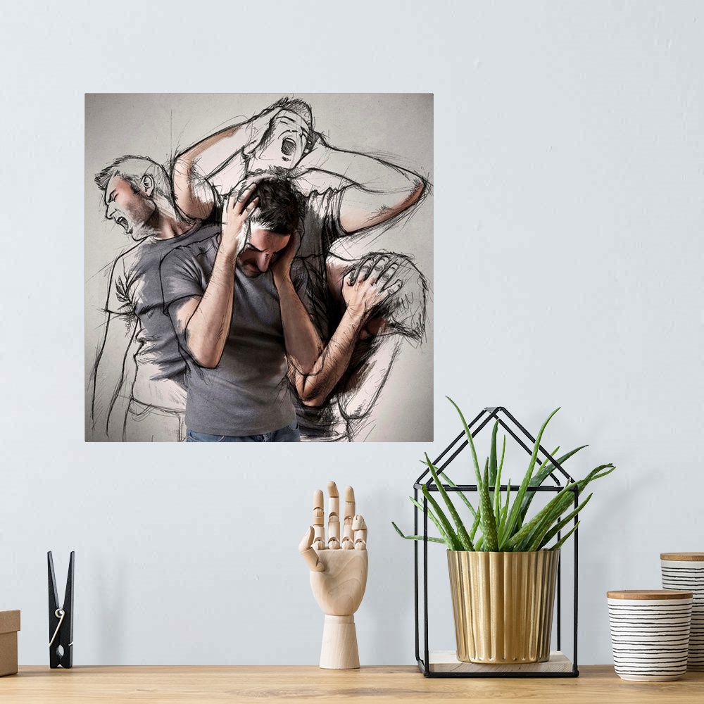 A bohemian room featuring A conceptual photograph of a man grabbing his head as in pain with multiple posses of the same ma...