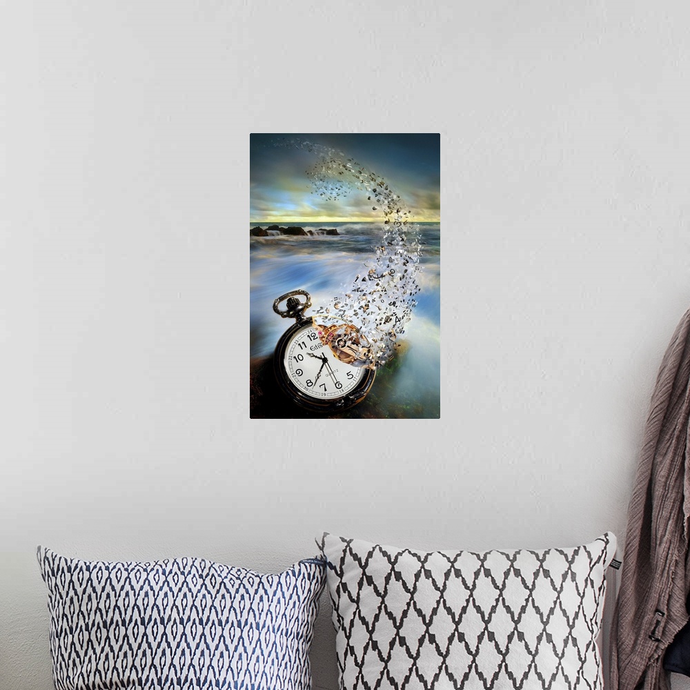 A bohemian room featuring Conceptual photograph of a pocket watch disintegrating over a coastline overlooking the sea.