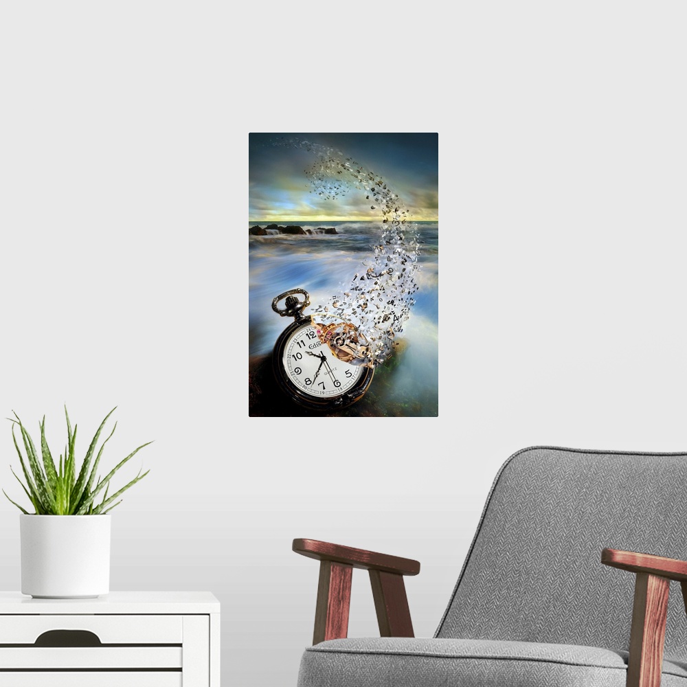 A modern room featuring Conceptual photograph of a pocket watch disintegrating over a coastline overlooking the sea.