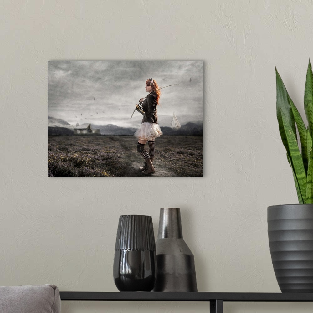 A modern room featuring A conceptual photograph of a woman wearing steampunk attire and standing in an ethereal landscape.