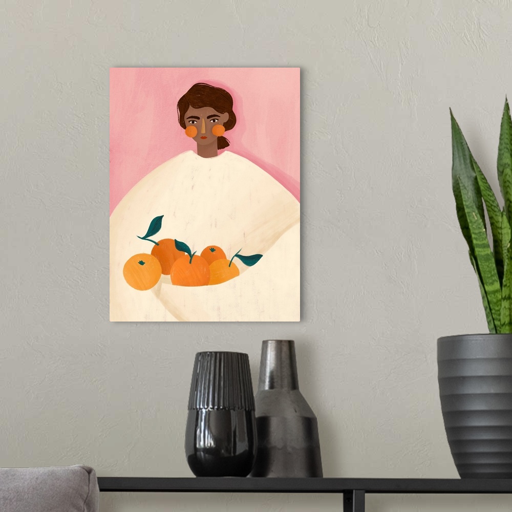 A modern room featuring The Woman With The Oranges