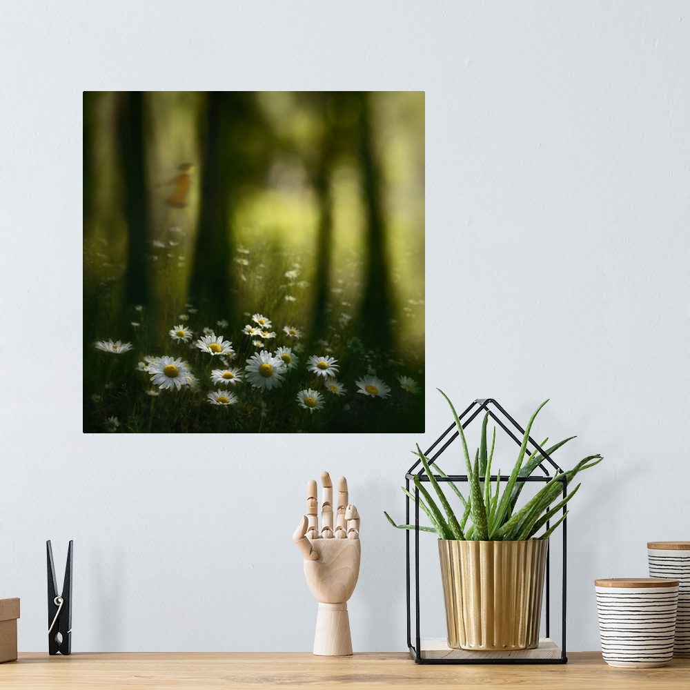 A bohemian room featuring An abstract photograph of  girl frolicking through a flowery forest meadow.