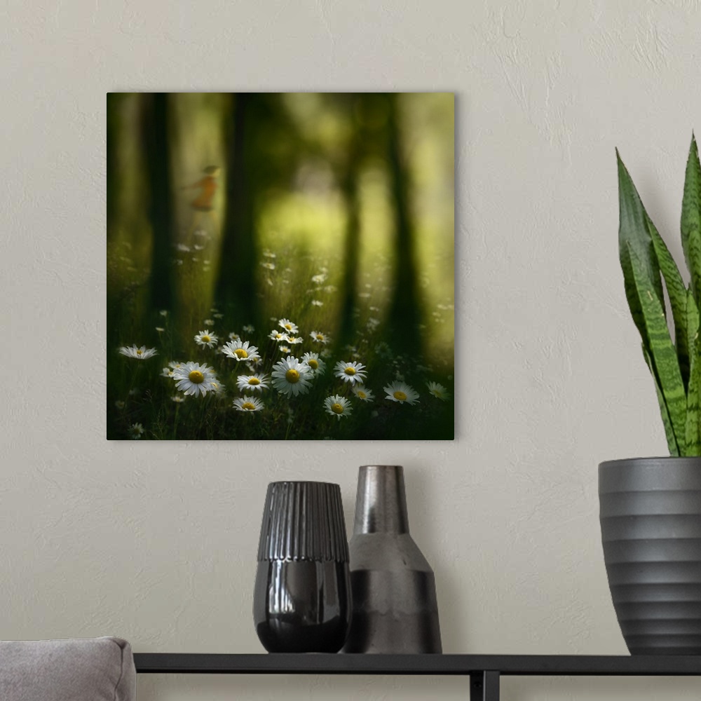 A modern room featuring An abstract photograph of  girl frolicking through a flowery forest meadow.