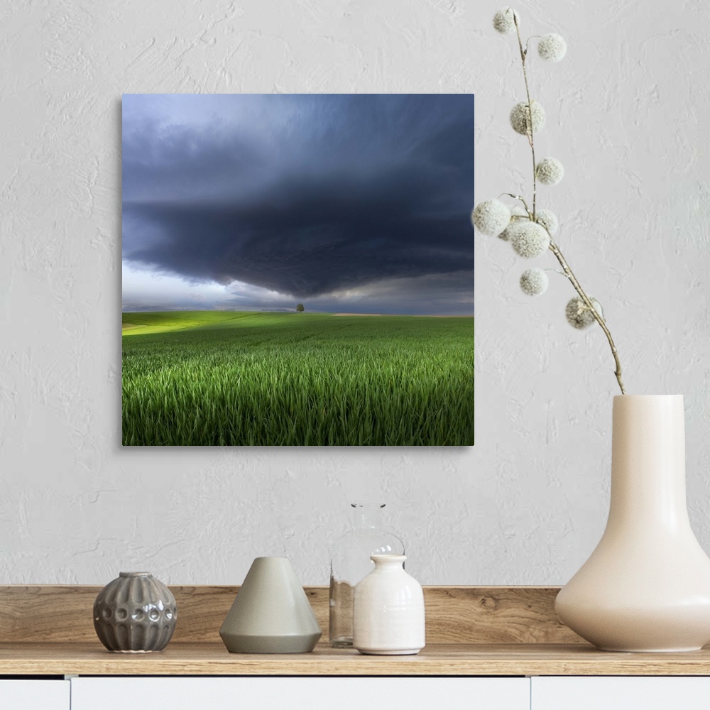 A farmhouse room featuring A dark storm cloud heading towards a tree in a green field in Germany.