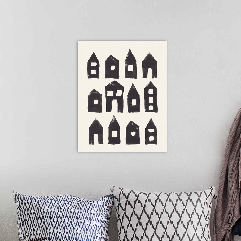 A bohemian room featuring Tiny Houses #1 | Hand-printed Linocut
