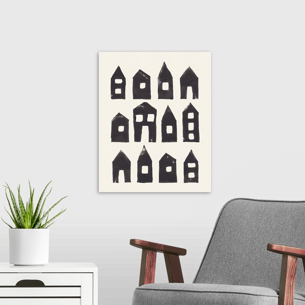 A modern room featuring Tiny Houses #1 | Hand-printed Linocut