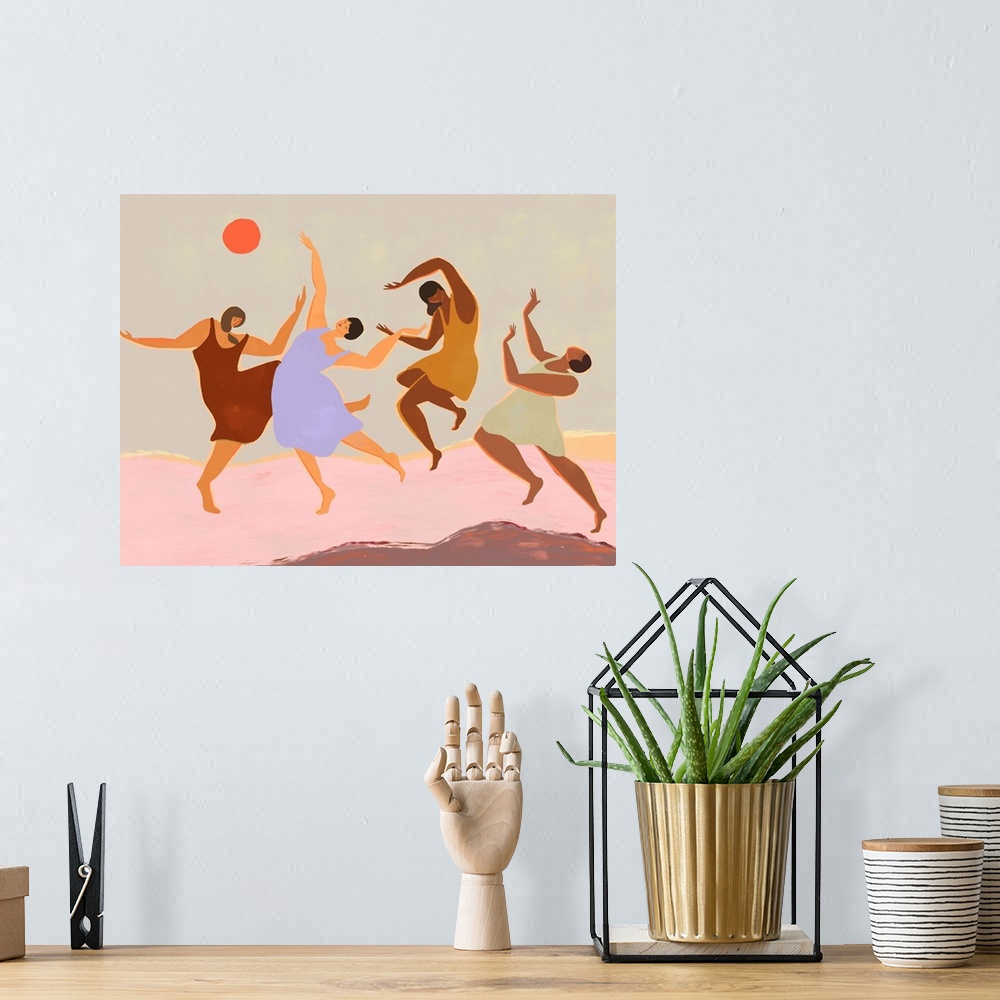 A bohemian room featuring A happy contempoarary illustration of four women dancing and jumbing underneath an orange sun