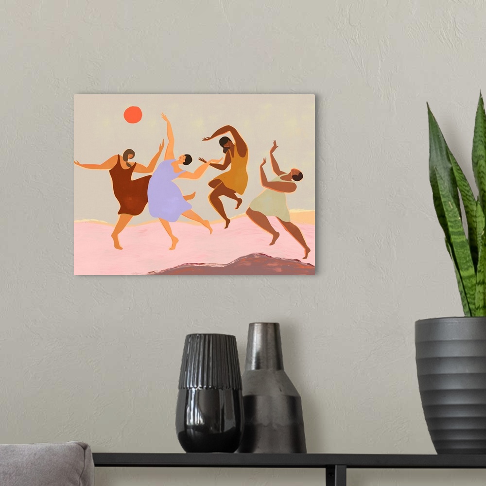 A modern room featuring A happy contempoarary illustration of four women dancing and jumbing underneath an orange sun