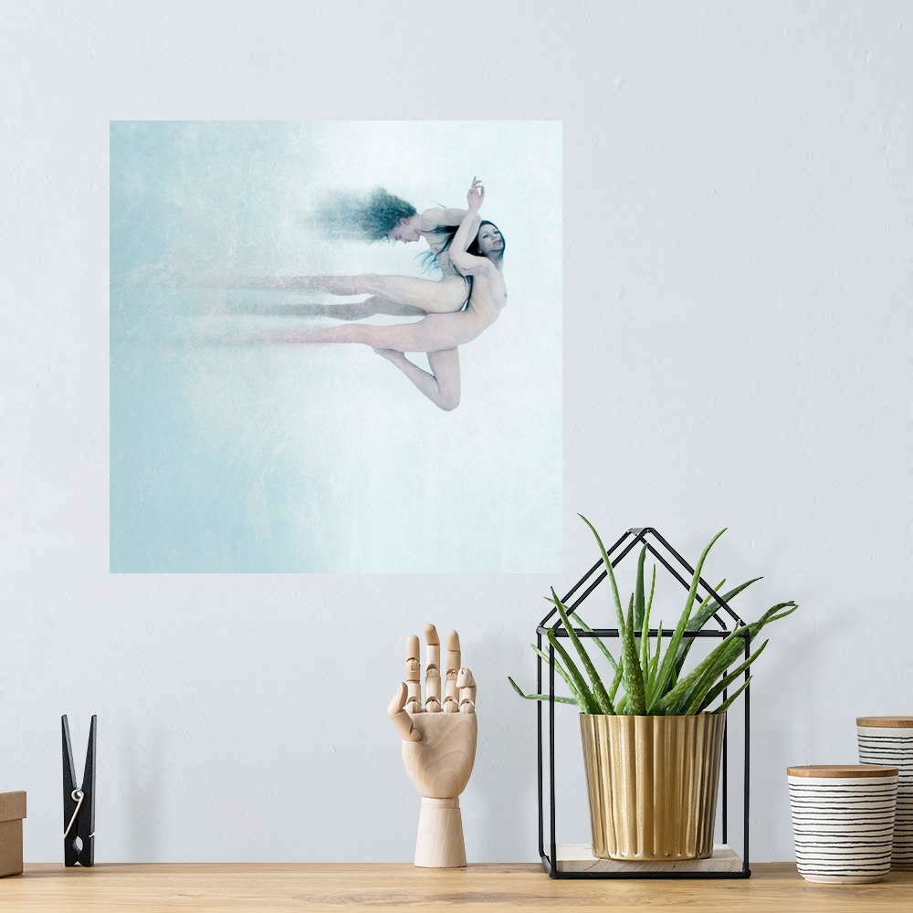 A bohemian room featuring A conceptual photograph of nude male and female back to back against a white background.