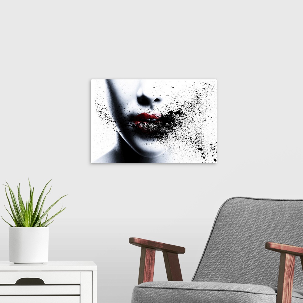 A modern room featuring Portrait of a woman with bright red ligps and ink splatters across her face.