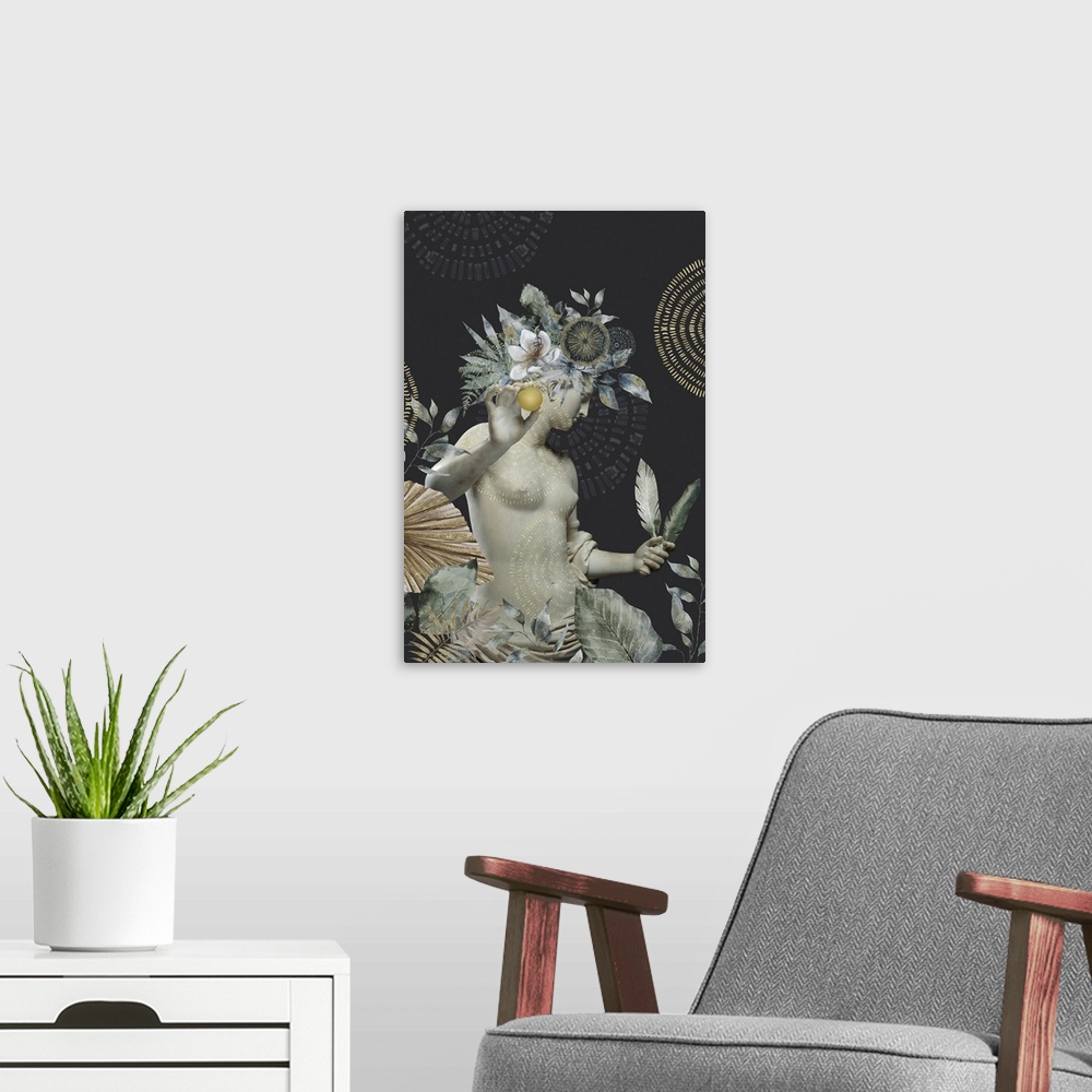 A modern room featuring Collage with historic female marble statue featuring the beauty and strength of woman.