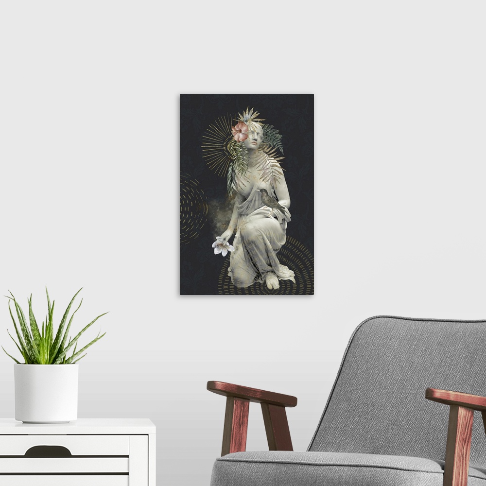 A modern room featuring Collage with historic female marble statue featuring the beauty and strength of woman.