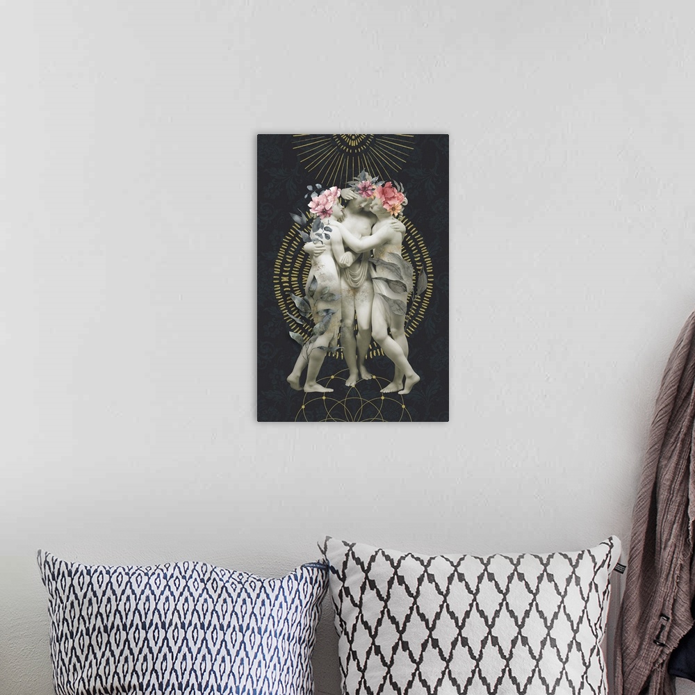 A bohemian room featuring Collage with historic female marble statue featuring the beauty and strength of woman.