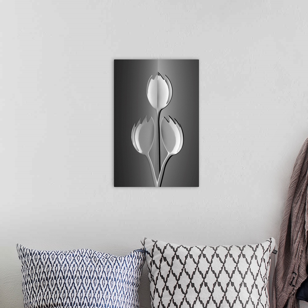 A bohemian room featuring Three sporks arranged to resemble three tulips.