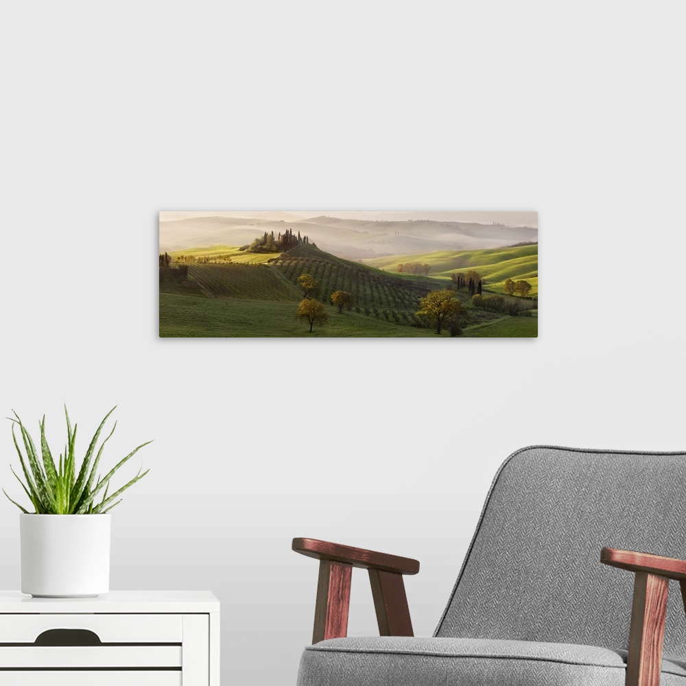 A modern room featuring Tuscan countryside scene in early morning light with fog rolling in over the valley, Italy.