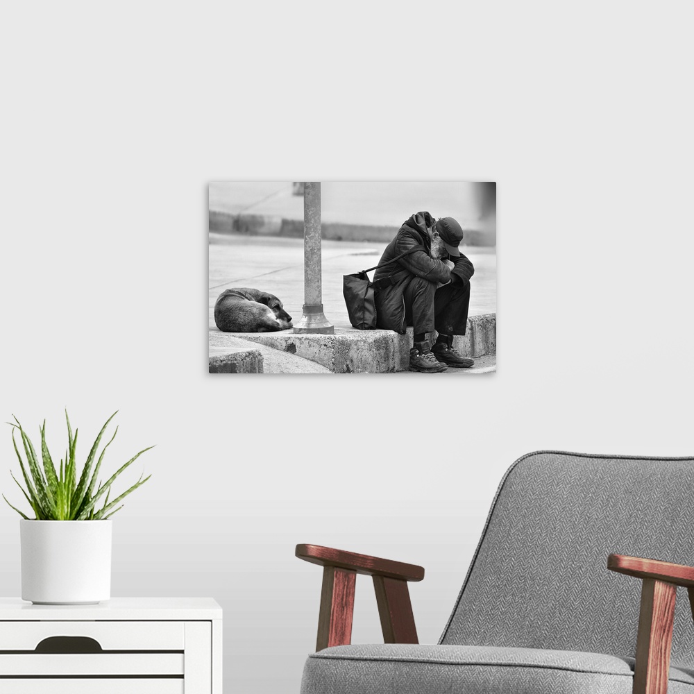 A modern room featuring A homeless man and a dog sit together sadly on a curb.