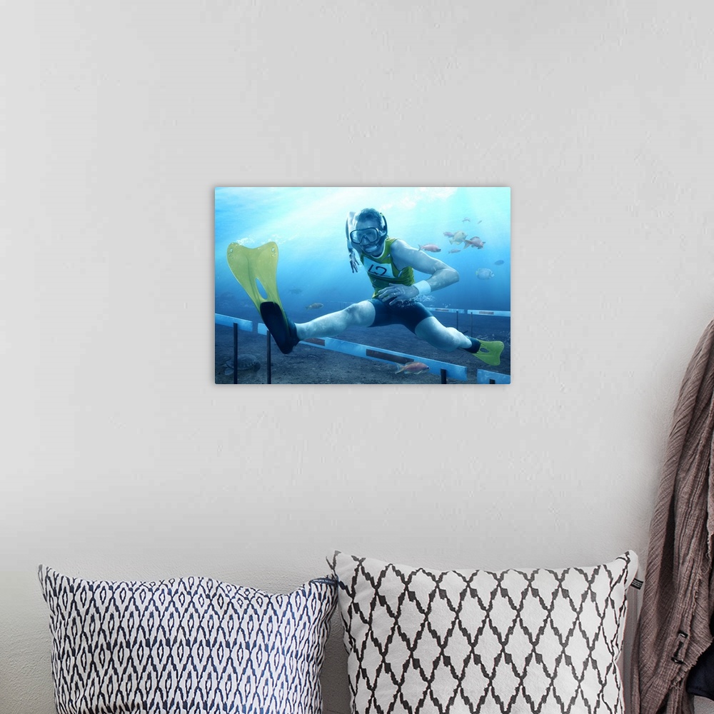 A bohemian room featuring Humorous image of a runner wearing swimfins and a snorkel jumping over hurdles underwater.