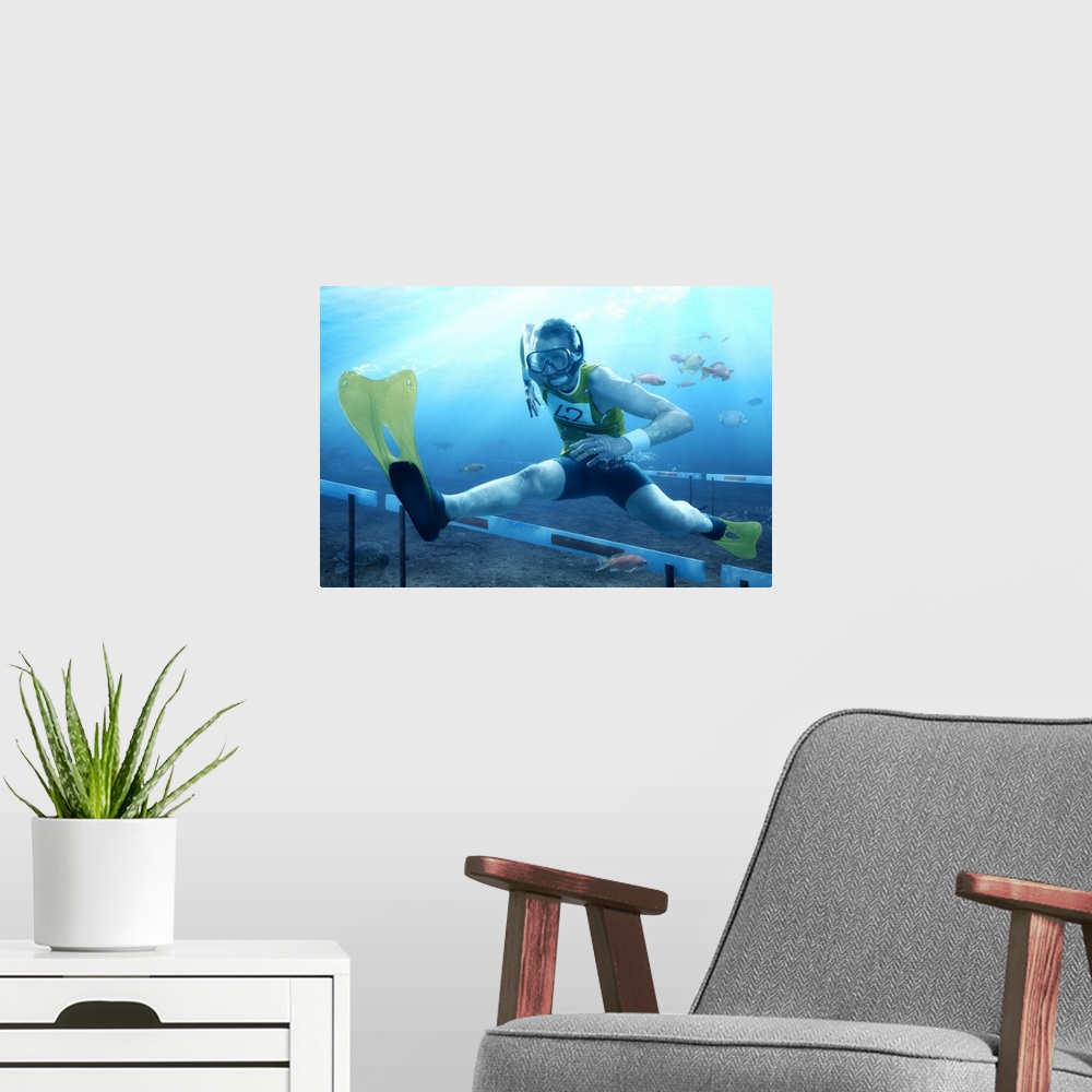 A modern room featuring Humorous image of a runner wearing swimfins and a snorkel jumping over hurdles underwater.