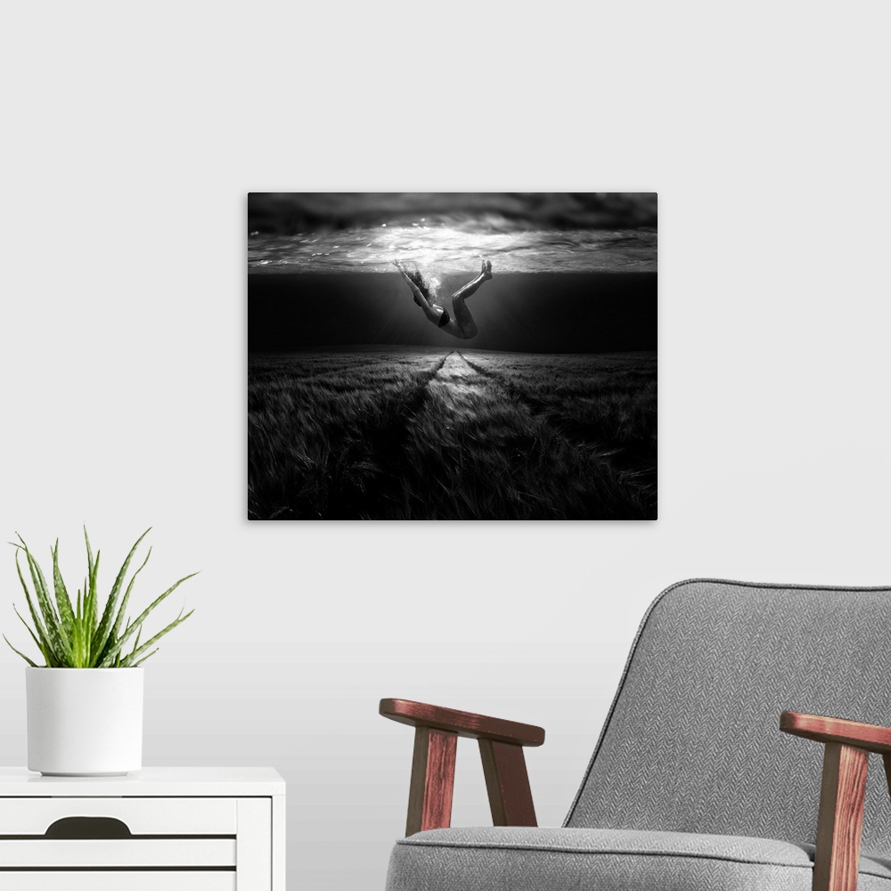 A modern room featuring A conceptual photograph of a woman floating under water above a grassy looking field.