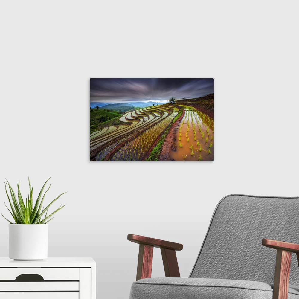A modern room featuring Dramatic scene of terraced rice fields under a sky of intense dark clouds.