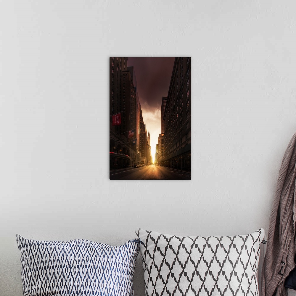 A bohemian room featuring Cityscape photograph of Manhattan with sunlight peeping through the tall buildings and the Chrysl...