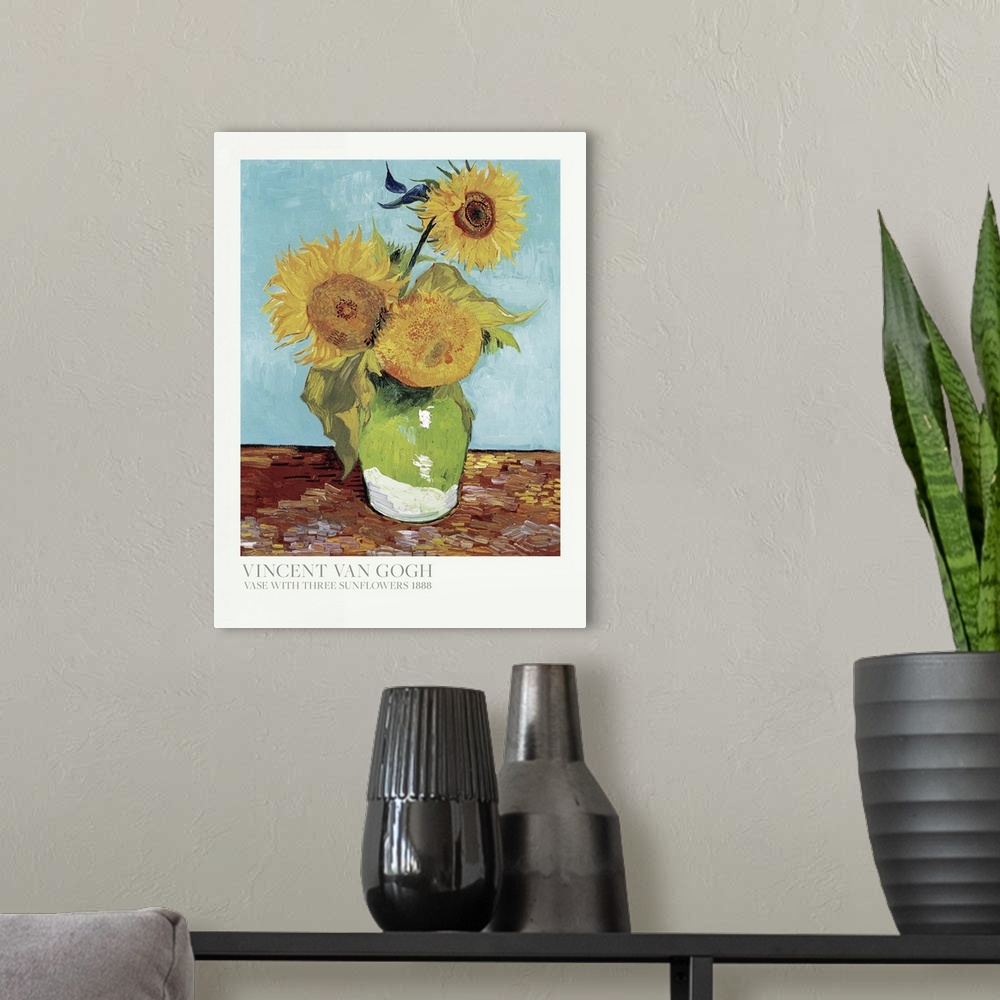 A modern room featuring Vase With Three Sunflowers