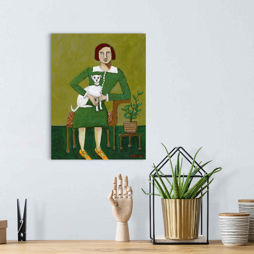 A bohemian room featuring Vintage Lady With Her White Dog