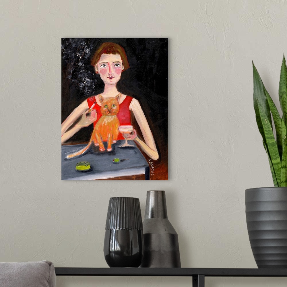 A modern room featuring Vintage Woman With Cocktail And Cat
