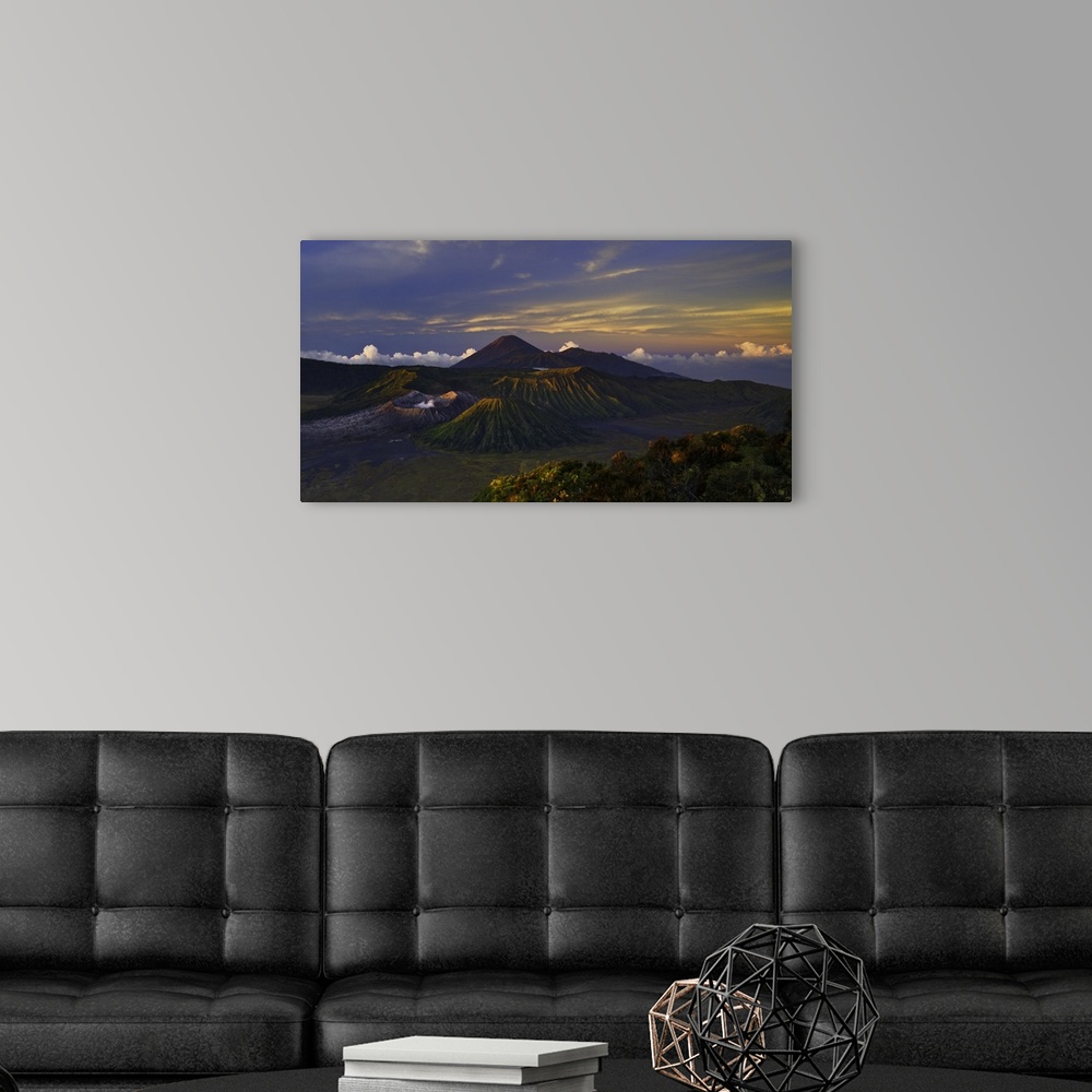 A modern room featuring Beautiful mountain landscape in Java, Indonesia, with Bromo volcano in the center.