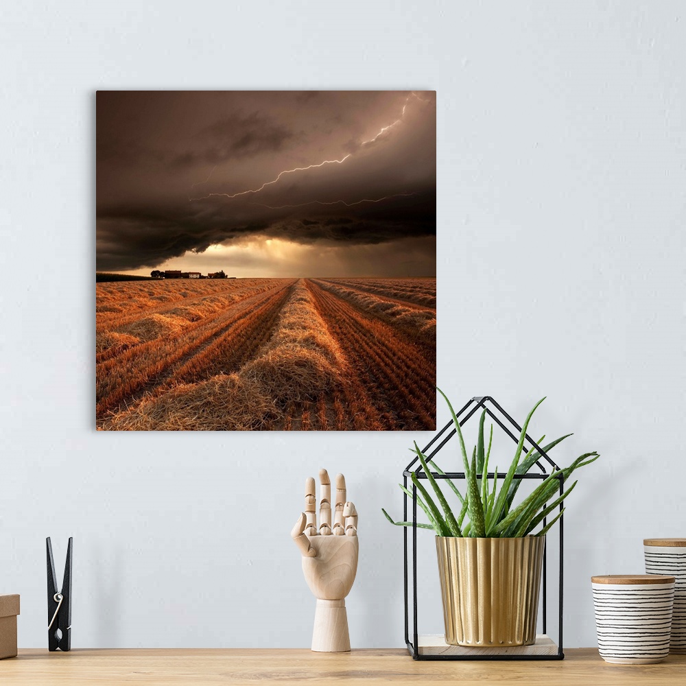 A bohemian room featuring A countryside farmland under a cloudy lightning filled sky.