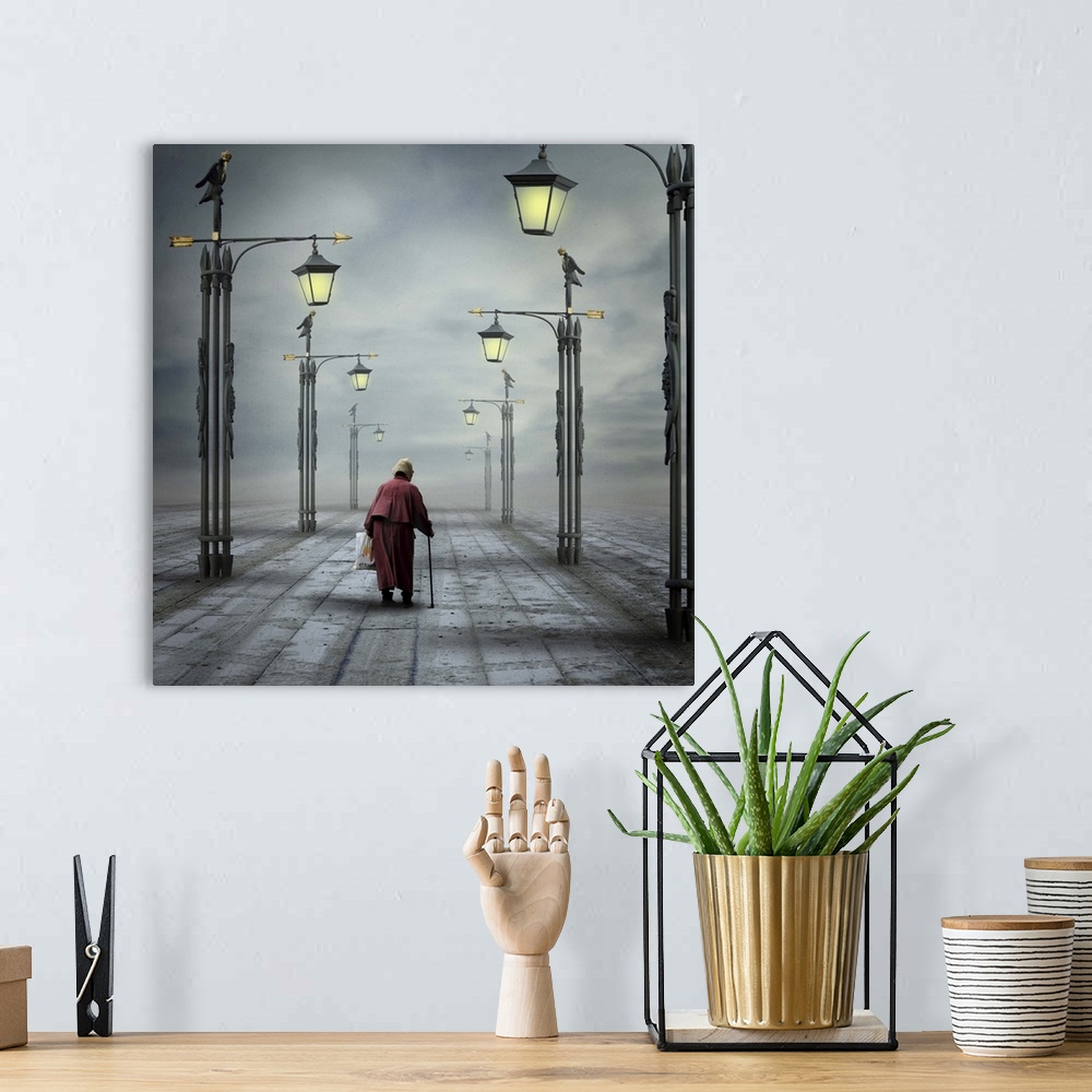 A bohemian room featuring Elderly person walking with a cane down a boardwalk lined with street lamps.