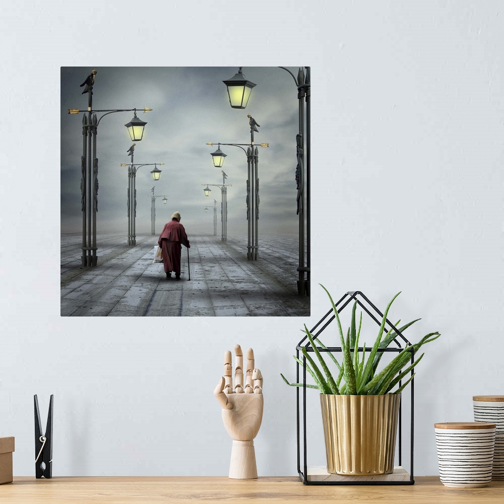 A bohemian room featuring Elderly person walking with a cane down a boardwalk lined with street lamps.
