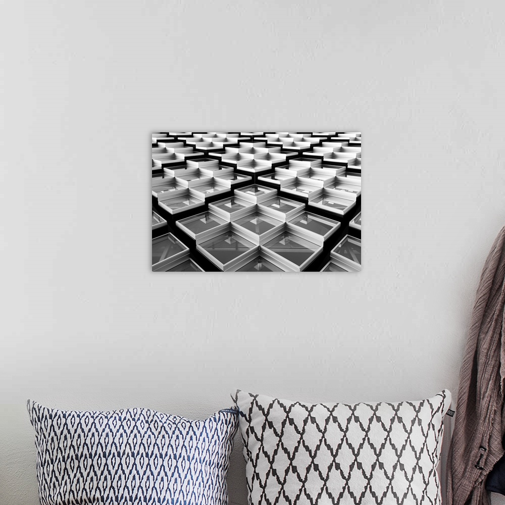 A bohemian room featuring Geometric architecture made up of a reflective squares.